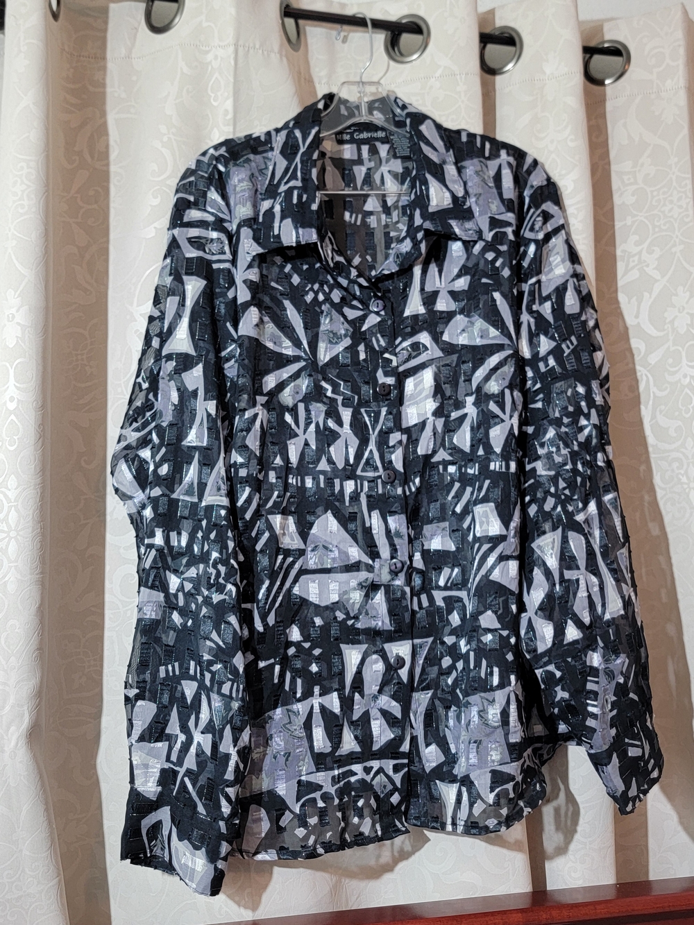 Mlle Gabrielle Black and White Abstract Sheer Button Blouse